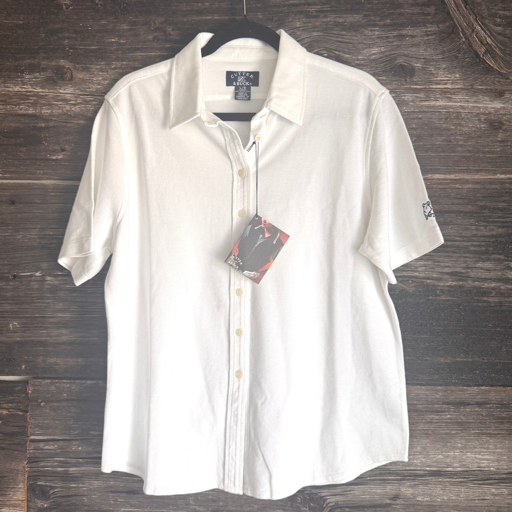 Cutter & Buck White Pique Button Shirt L NWT Preppy Golf Classic